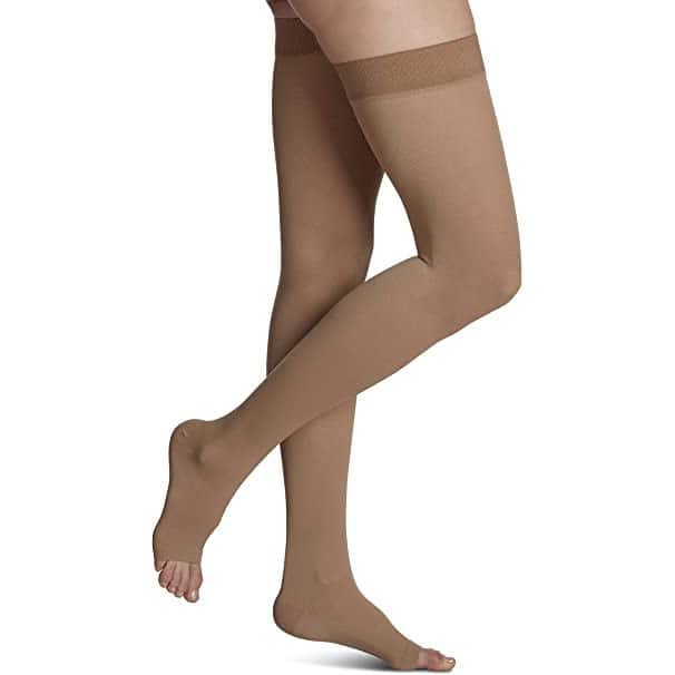 Sigvaris Natural Rubber Open Toe Thigh-High W/Grip-Top Compression Stockings, Beige - Image 1