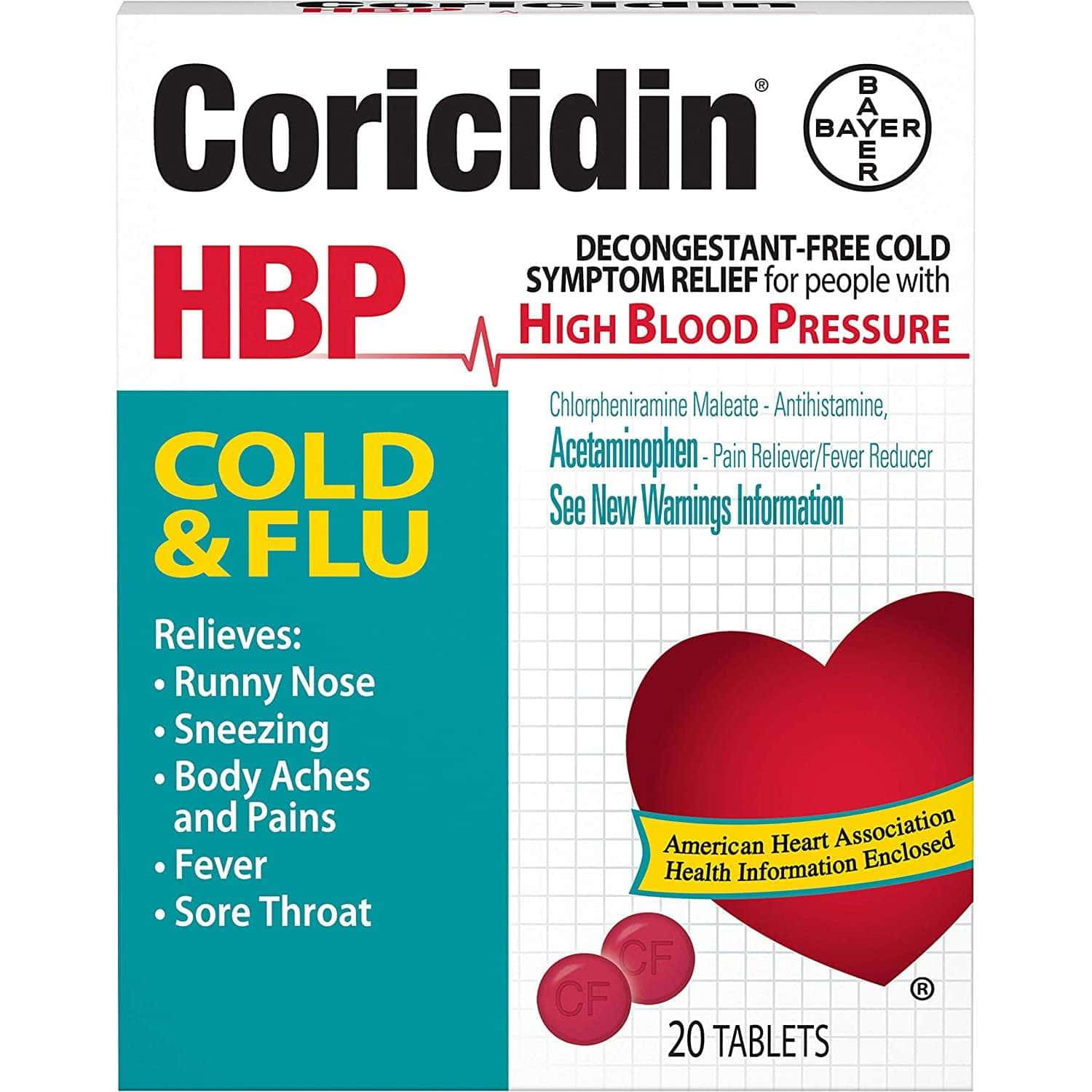 Coricidin HBP Cold & Flu Relief Tablets - Box of 20 Tablets - Image 3