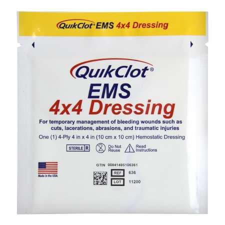 QuickClot EMS Hemostatic Dressing with X-Ray Indicator 4 x 4 Inch Sterile - Box of 10