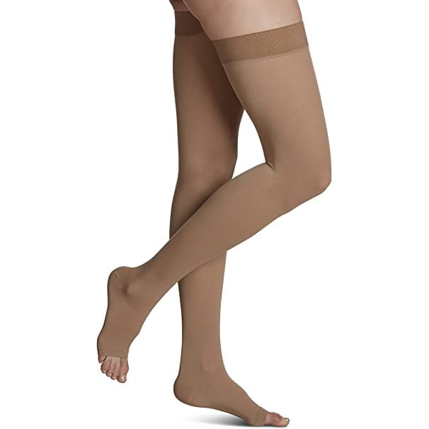 Sigvaris Natural Rubber Open Toe Thigh-High W/Grip-Top Compression Stockings, Beige - Image 1
