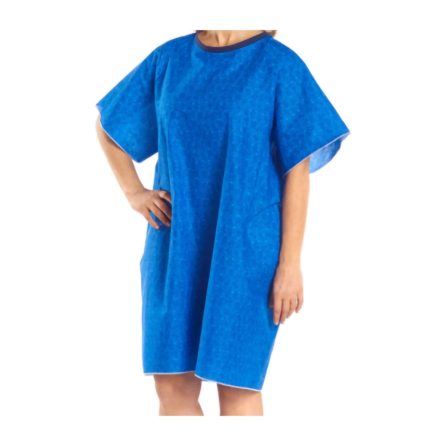 Salk Adult Reusable Patient Exam Gown without Cuffs, Blue-White Print