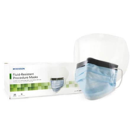 McKesson Pleated Earloops Procedure Mask with Eye Shield, Blue - Box of 25