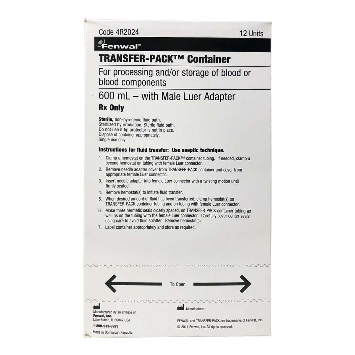 Fenwal Transfer Pack Container with Male Luer, 600 mL - Image 1