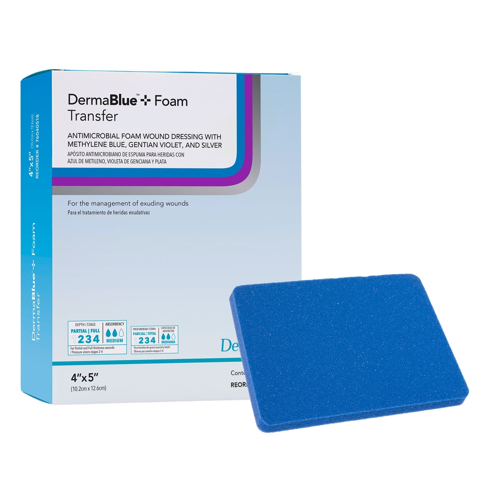 DermaBlue+ Foam Transfer Silver Antimicrobial Foam Wound Dressing, 4 x 5 Inch - Box of 10 - Image 1