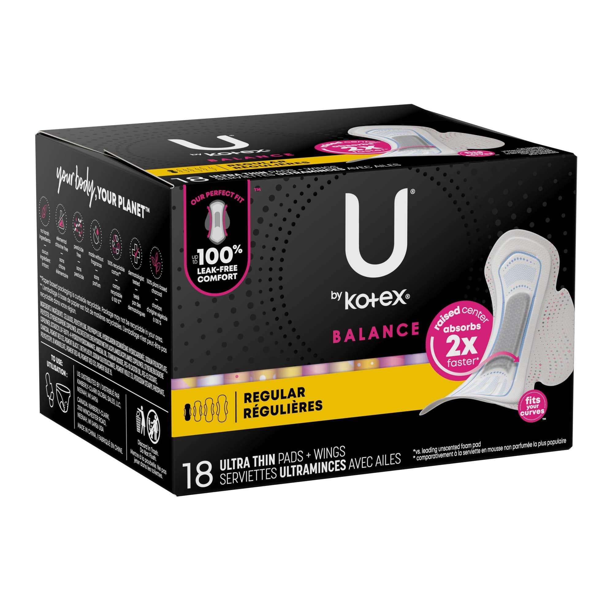 U by Kotex Balance Ultra Thin Pads with Wings, Regular Absorbency - Image 1