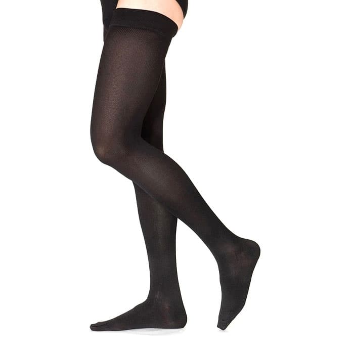 Sigvaris Essential Cotton Thigh-High with Grip-Top Compression Stockings, Black - Image 1