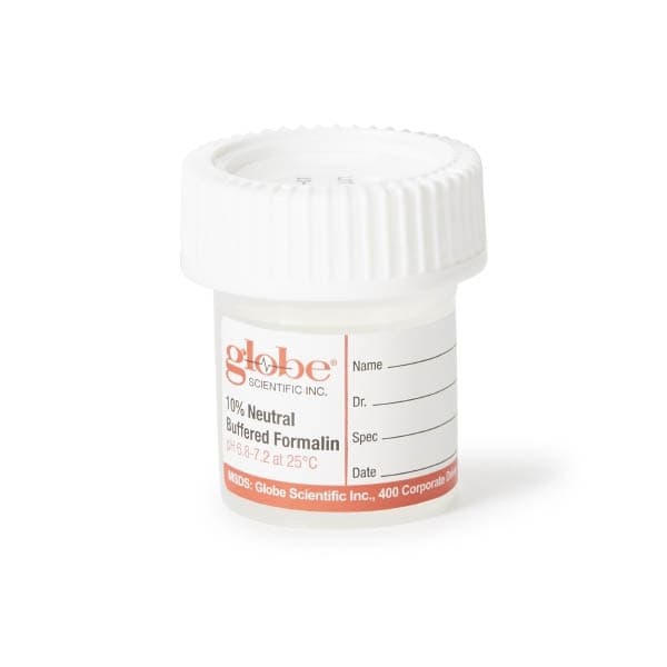 Globe Click-It Prefilled Formalin Container, 38 x 44 mm, 10 mL Fill in 20 mL (0.67 oz.) - Case of 96 - Image 1