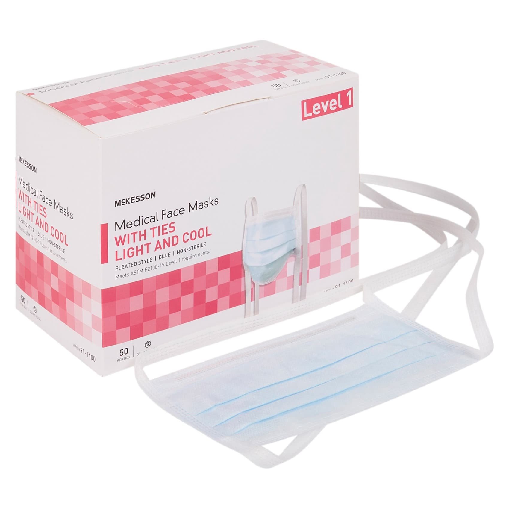 McKesson Adult ASTM Level 1 Anti-fog Pleated Tie Surgical Mask