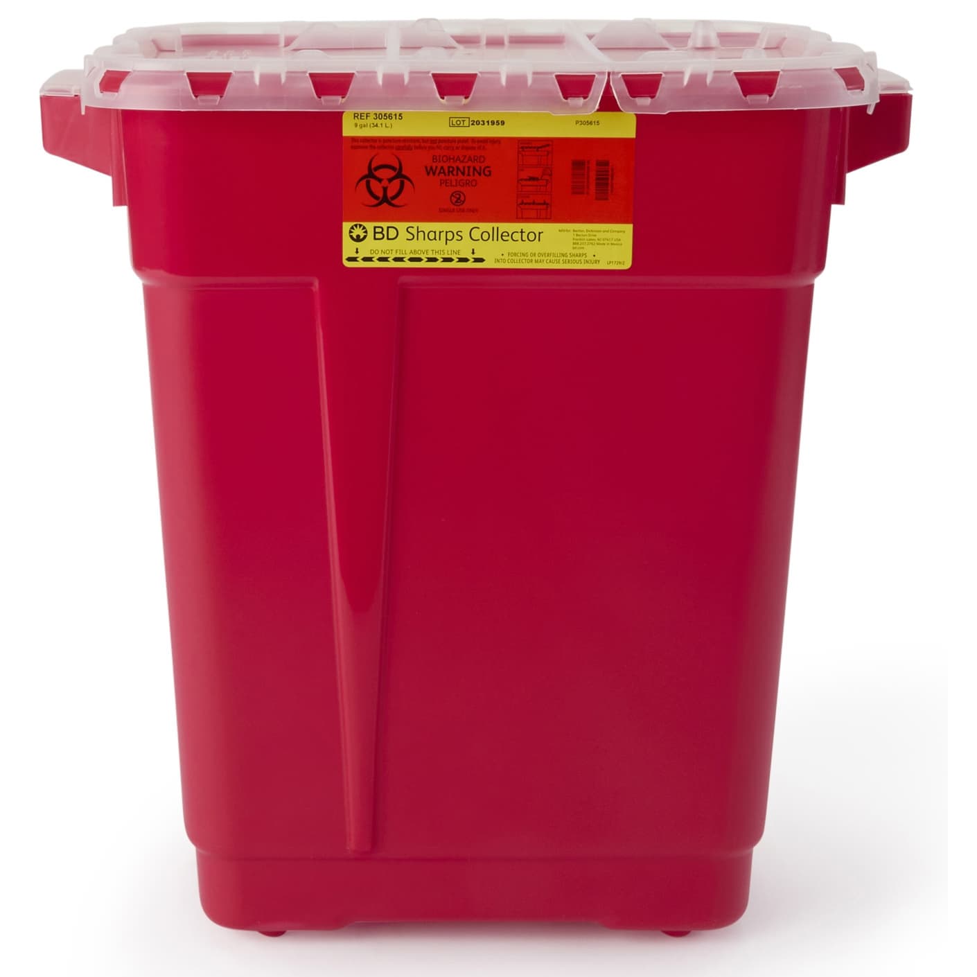 BD Large Sharps Container, 9 Gallon, Hinged Snap On Lid - Case of 8 - Image 1