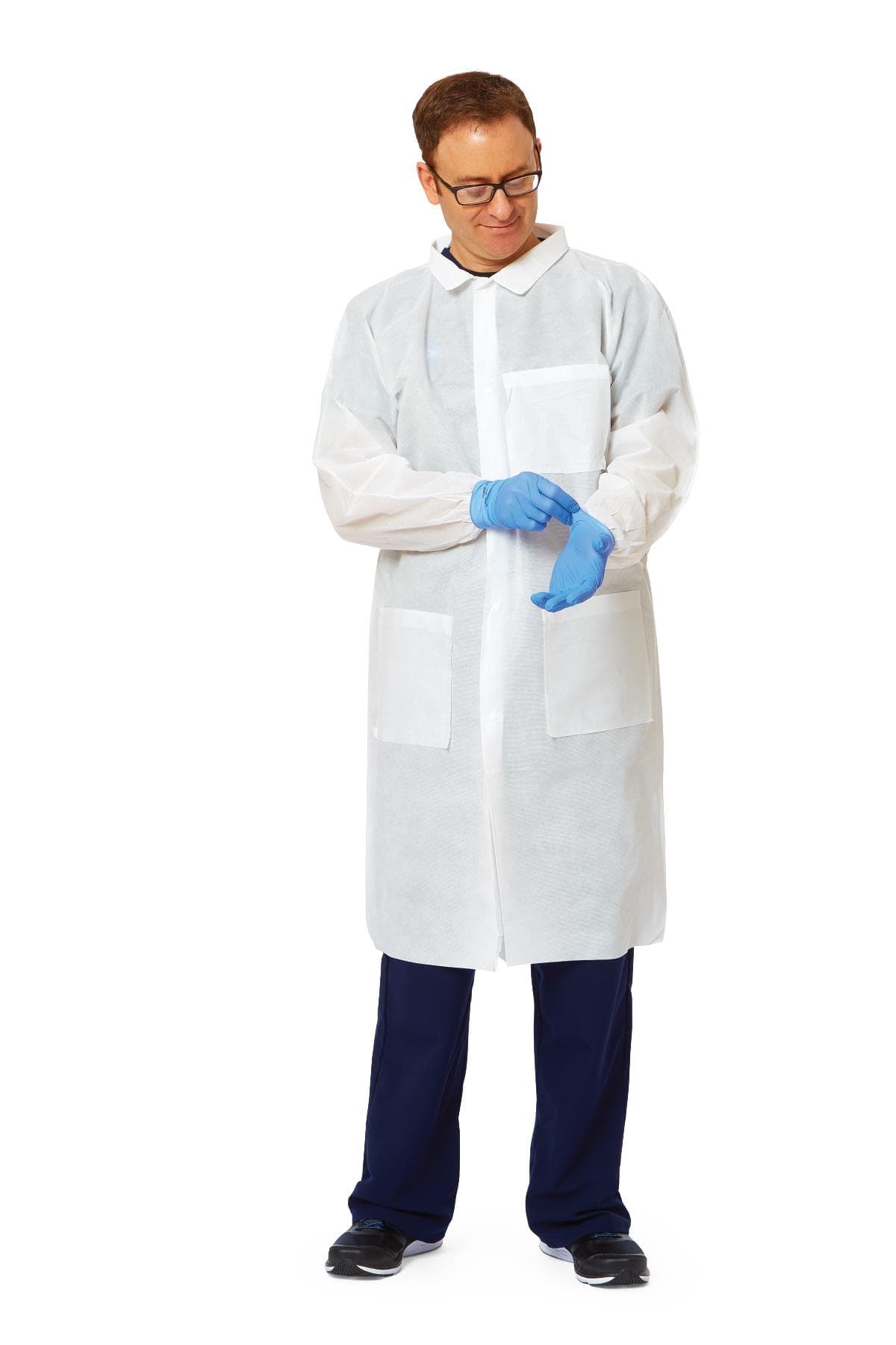 Medline Disposable Knit-Cuff Multilayer SMS Lab Coat with Traditional Collar - Image 1