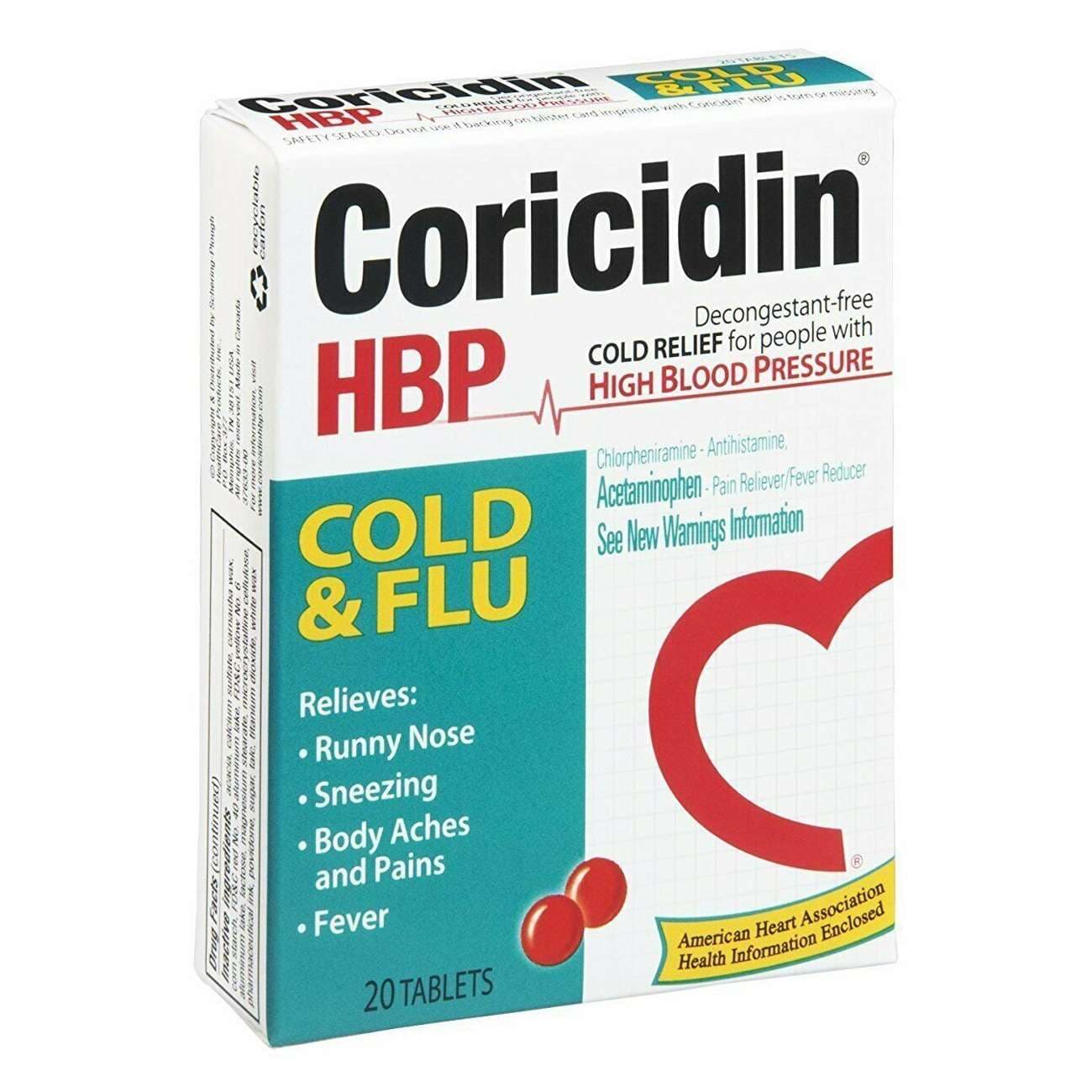 Coricidin HBP Cold & Flu Relief Tablets - Box of 20 Tablets - Image 2