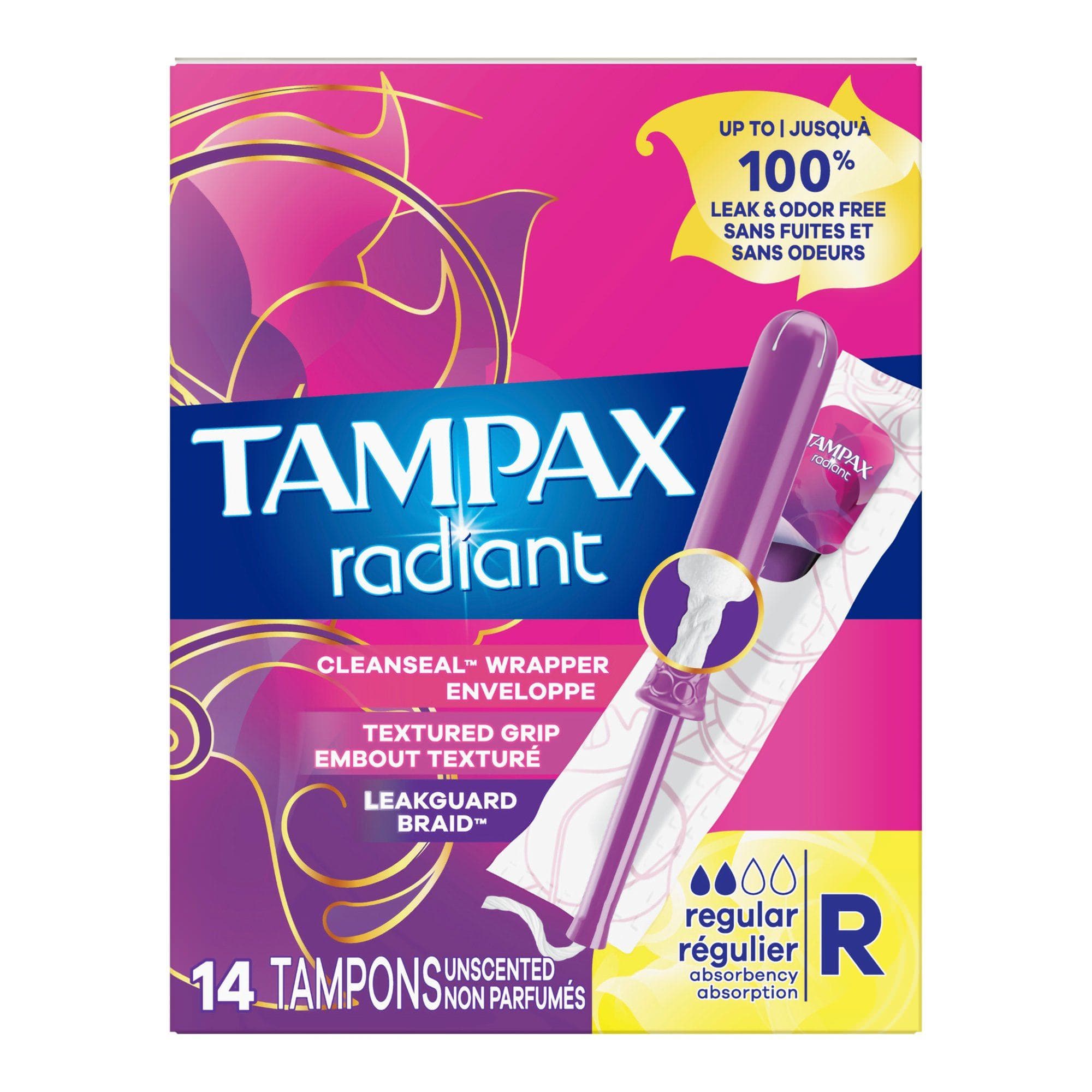 Tampon Tampax Radiant Regular Absorbency Plastic Applicator - Box of 14