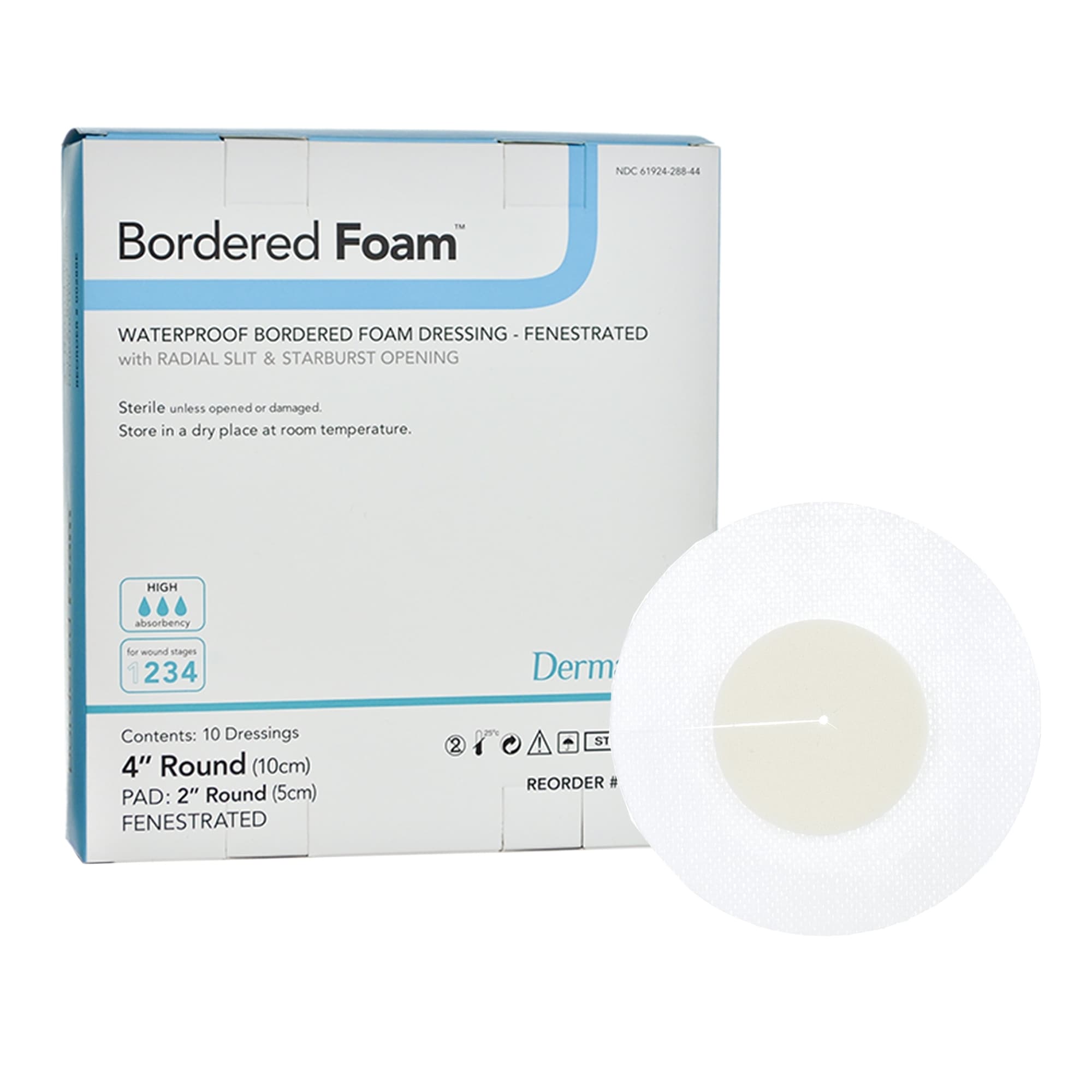 DermaRite Bordered Foam Waterproof Foam Dressing, 4 Inch Fenestrated - Image 1