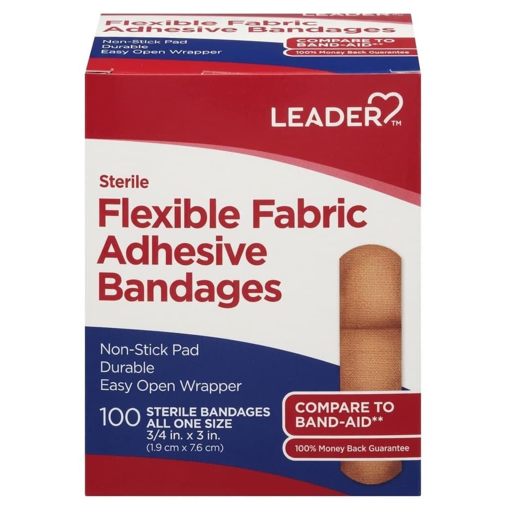 Leader Flexible Fabric Adhesive Bandages, 3/4 x 3 Inch - Box of 100