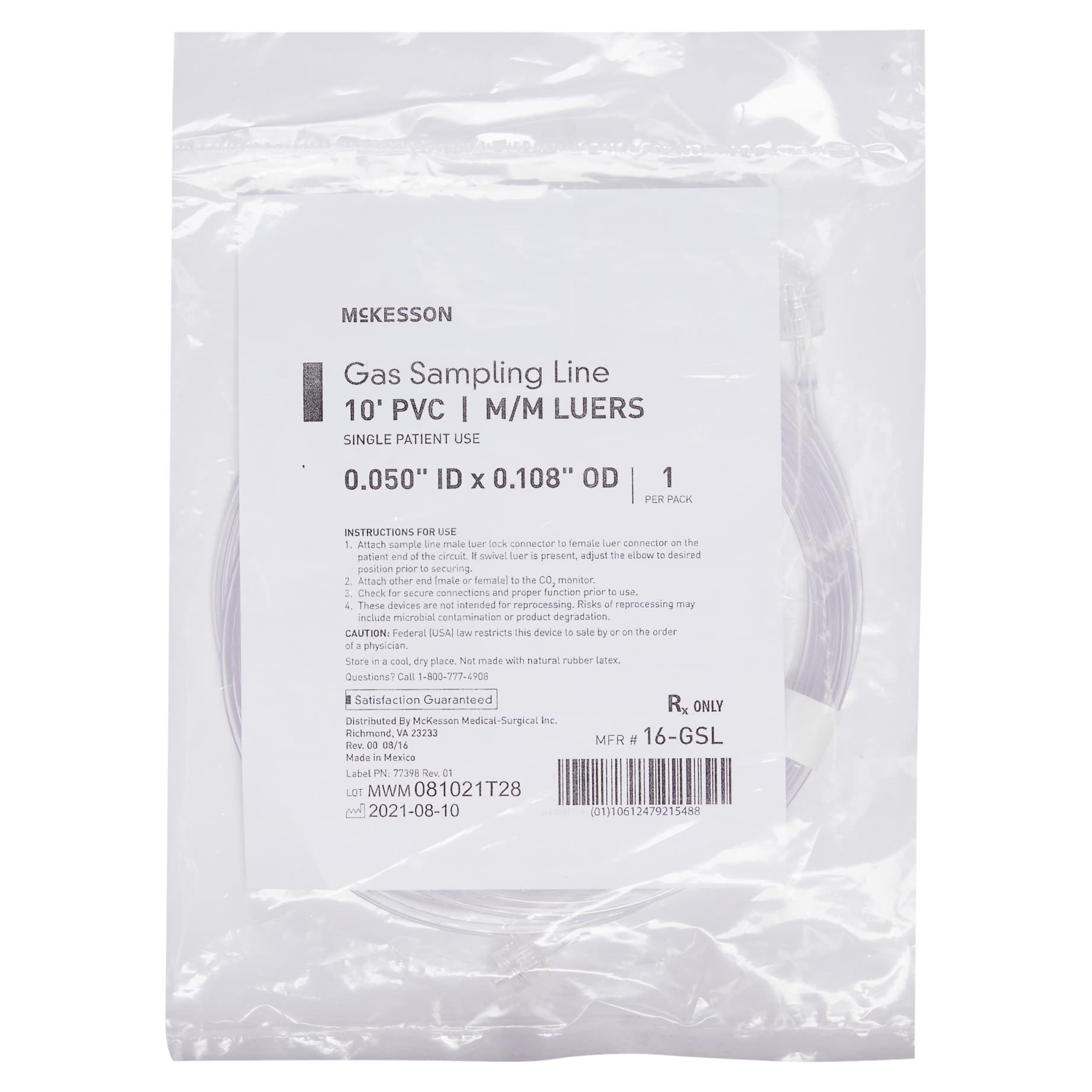 McKesson Gas Sampling Line 10 Foot PVC M-M Luers - Image 2