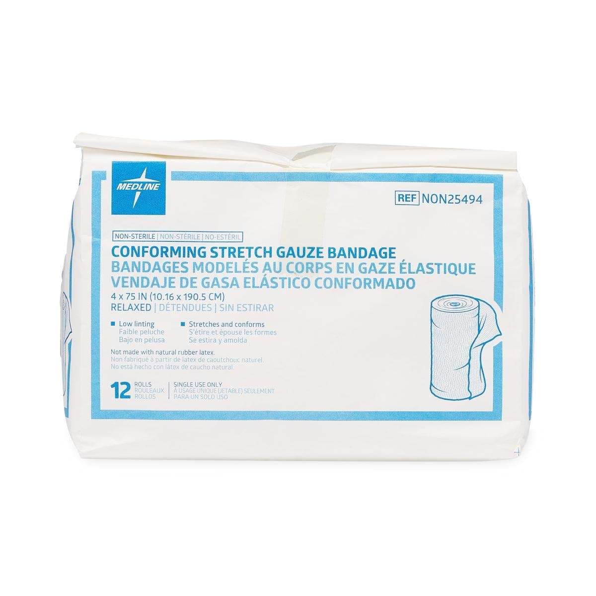 Medline Nonsterile Conforming Stretch Gauze Bandages, 4" x 75" - Box of 12 - Image 1