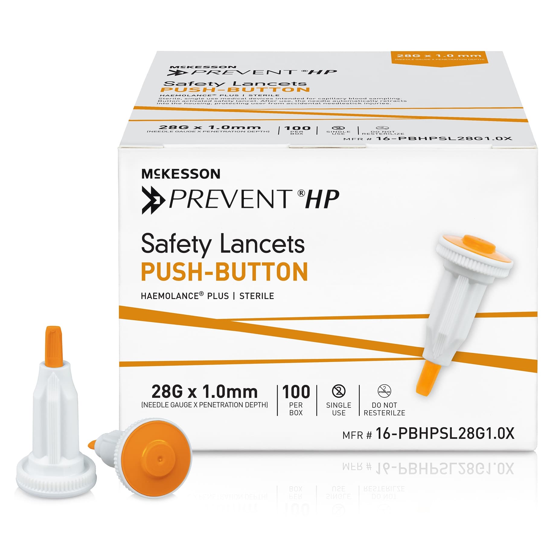 McKesson Prevent HP Safety Lancet with Push Button Activation, Orange, 28 Gauge - Box of 100 - Image 1