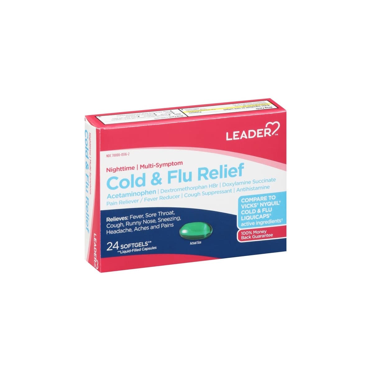 Leader Cold & Flu Relief Nighttime Multi-Symptom Softgels - 24 Count