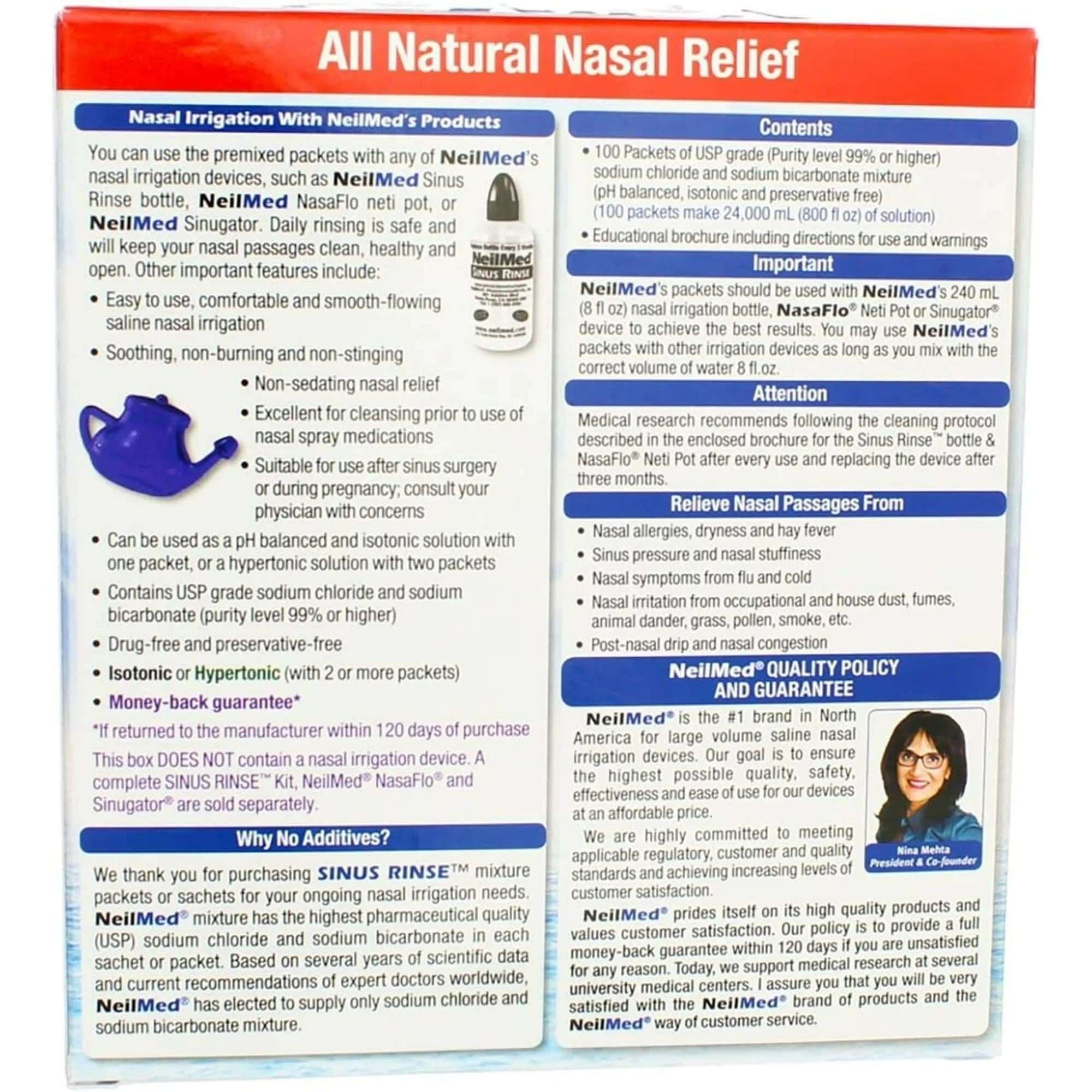Neilmed Sinus Rinse Saline Nasal Rinse Refill Kit Powder For Solution - Box of 100 - Image 3