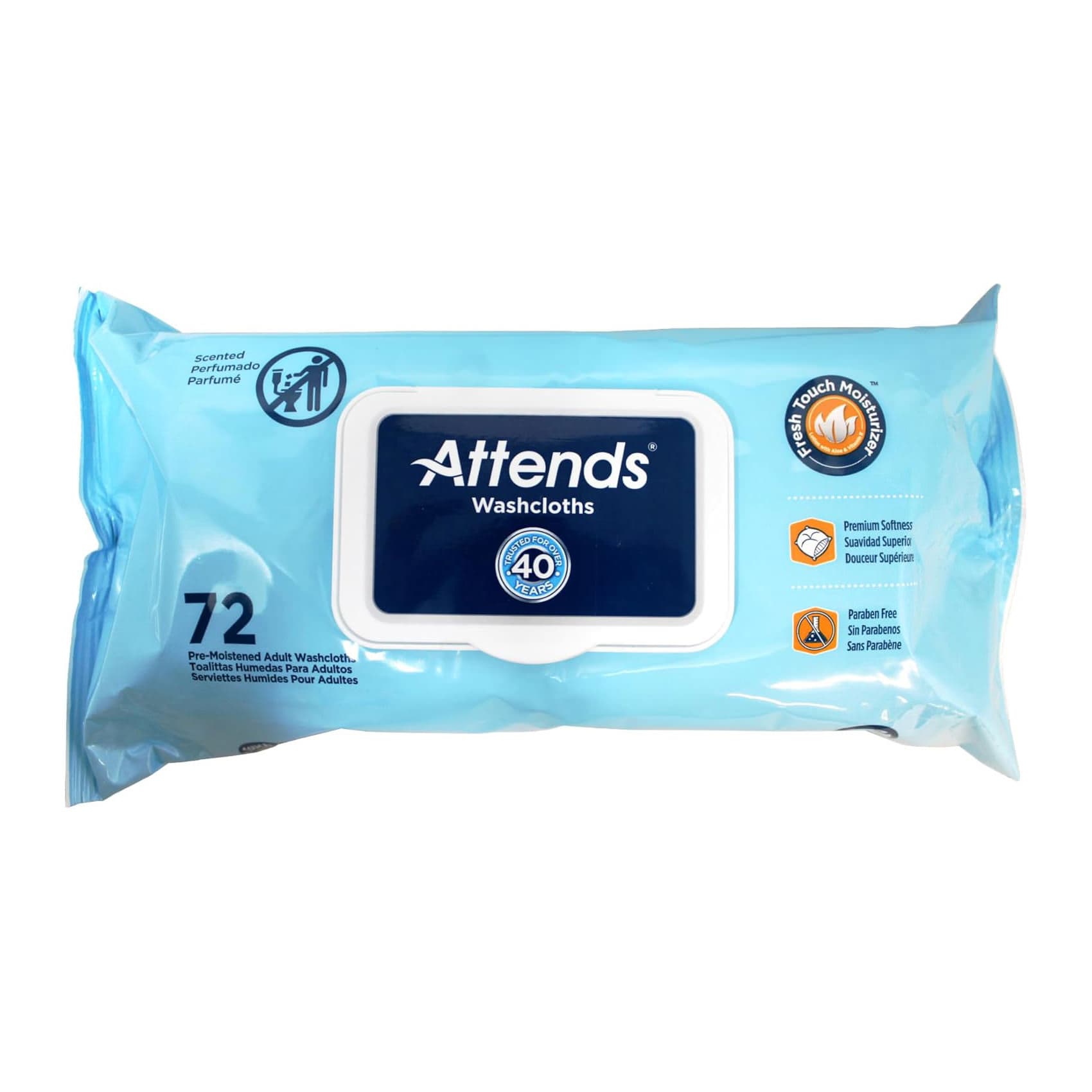 Attends Pre-moistened Adult Washcloths, Scented, 11.81 x 7.87 Inch - Package of 72 - Image 1