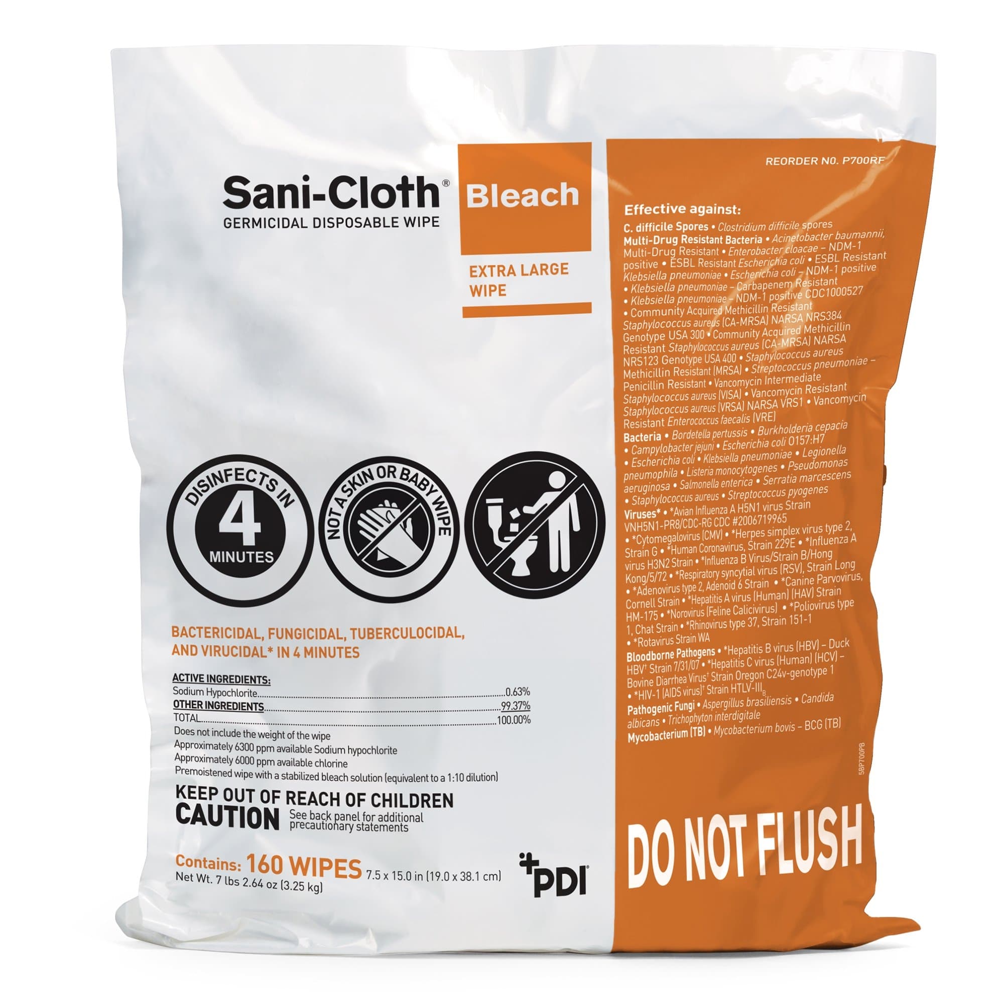 Sani-Cloth Bleach Germicidal Disposable Wipes, Pail Refill, Extra Large - Package of 160 - Image 1