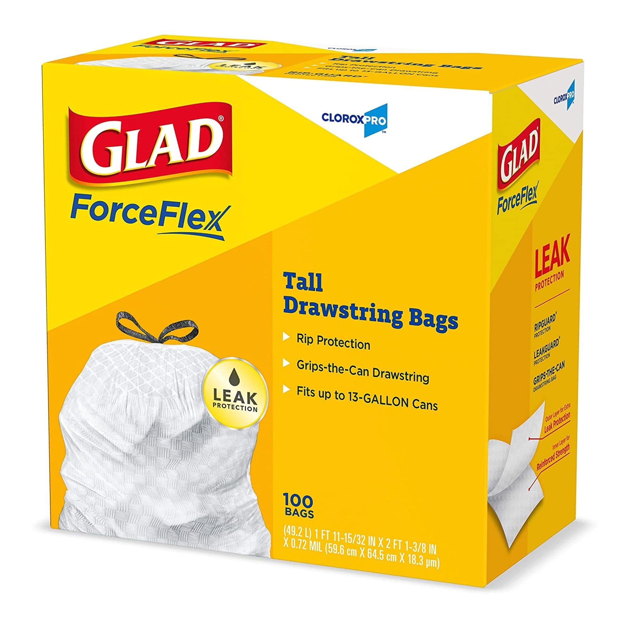 Glad ForceFlex Tall Kitchen Drawstring Trash Bag, 13 Gallon, Gray - Case of 100