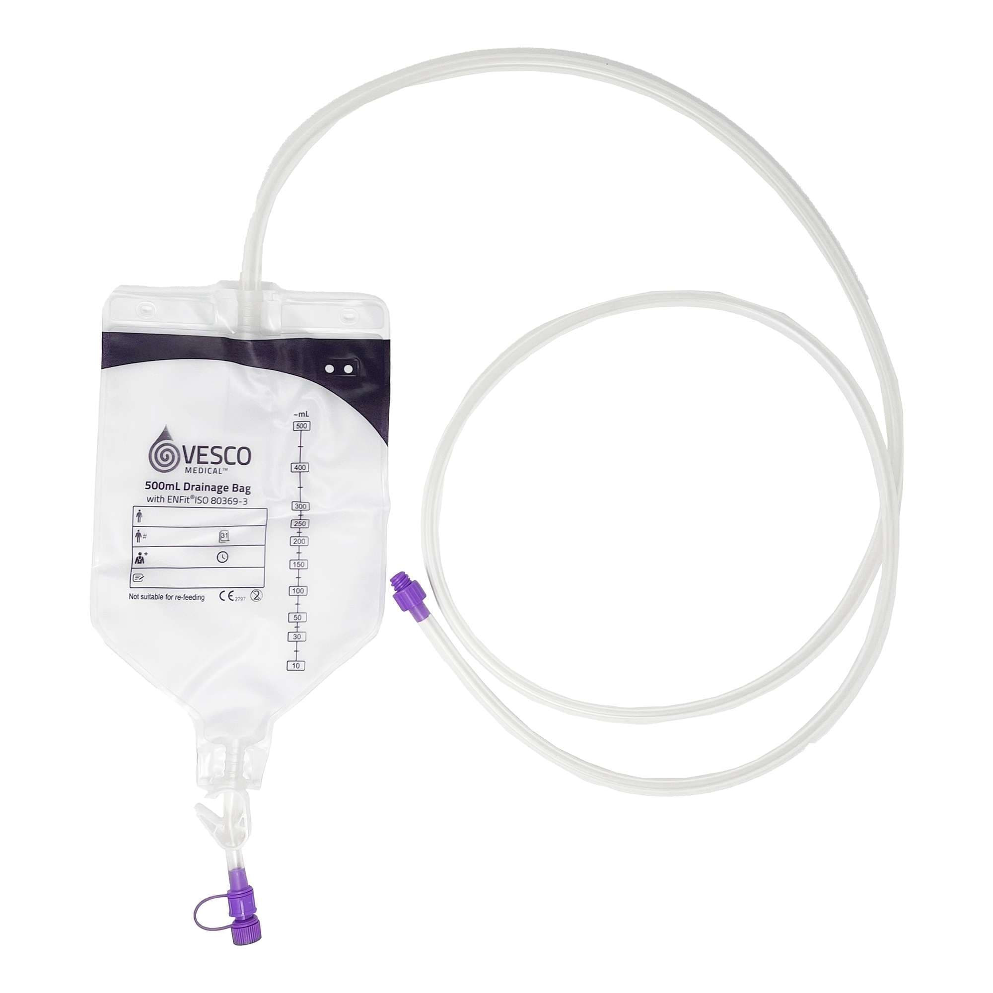 Vesco Medical Enteral Drainage Bag with ENFit Connector, 60 Inch, 500 mL - Each - Image 1