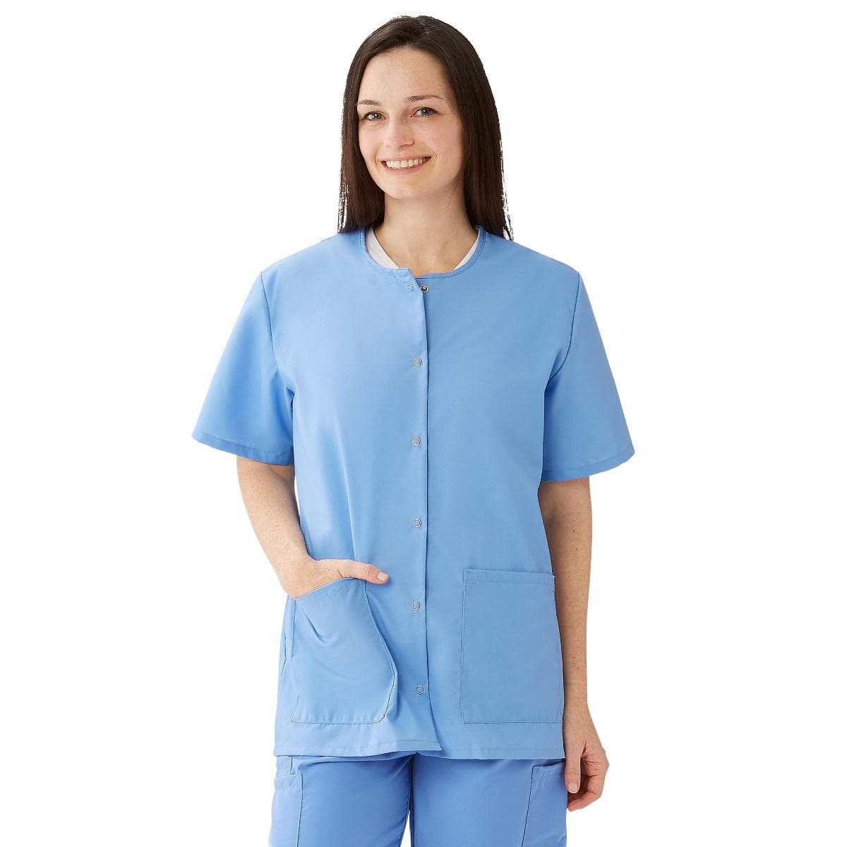 Medline Women's Snap-front Jewel-neckline Scrub Top, Ceil Blue, Medium - Image 1