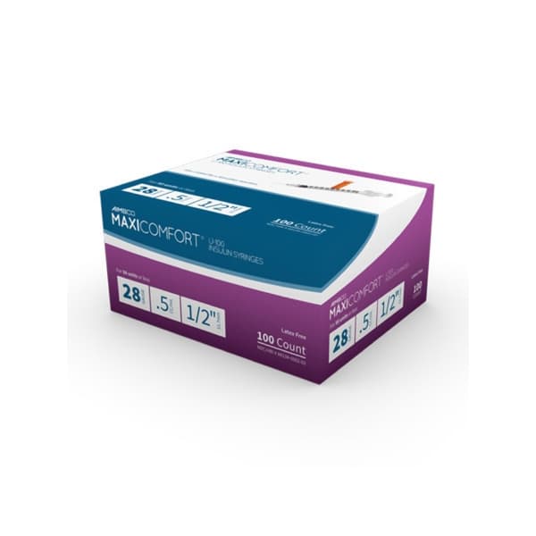 AIMSCO Maxicomfort Standard U-100 Insulin Syringe with Needle, 28 Gauge, 0.5 Inch, 0.5 mL - Box of 100 - Image 1