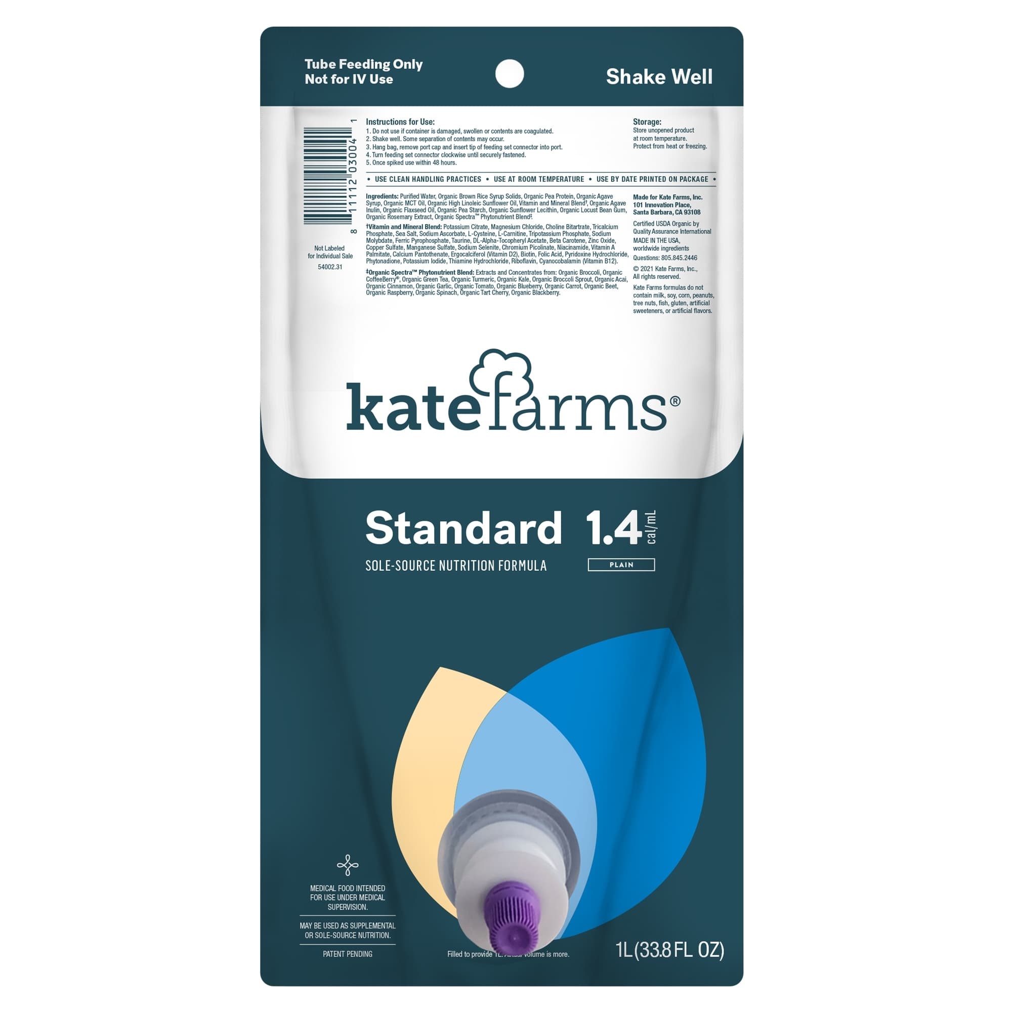 Kate Farms Standard 1.4 Plain Closed System Tube Feeding Formula