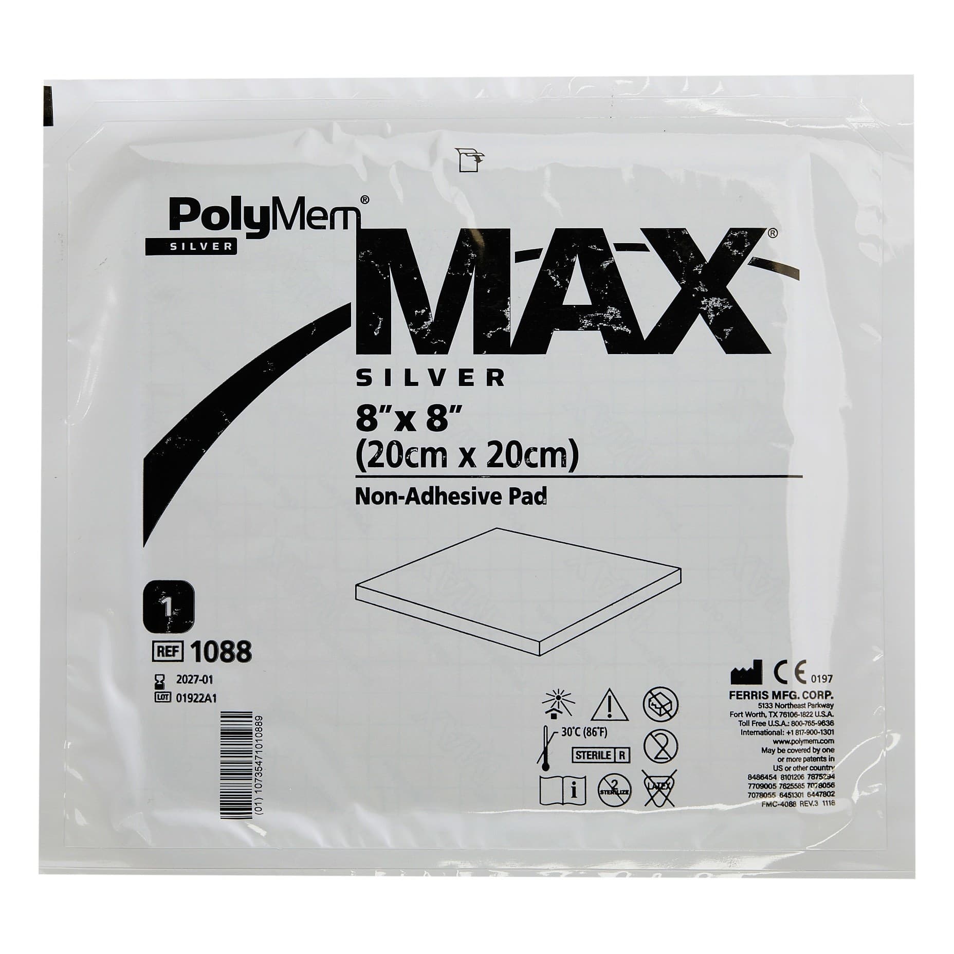 Polymem Max Silver Non-Adhesive Foam Pad Dressing, 8 x 8 Inch - Each - Image 1