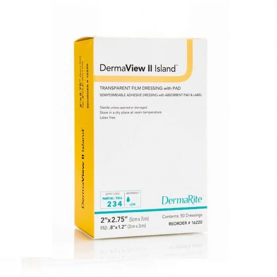 DermaView II Island Transparent Film Dressing with Adhesive Pad and with Label
