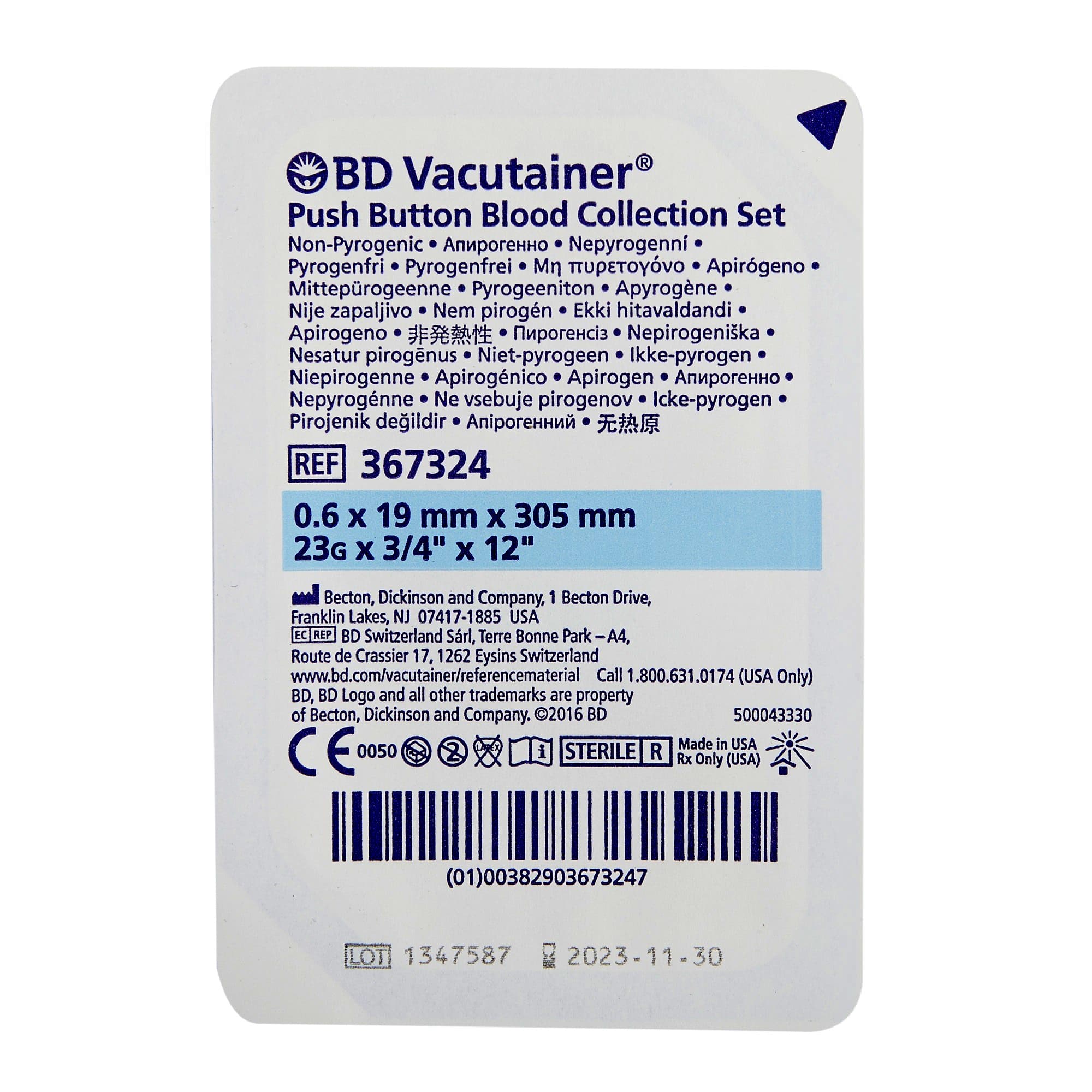 BD Vacutainer Push Button Blood Collection Set Without Luer Adapter, 3/4 Inch Needle L, 12 Inch Tubing - Image 2