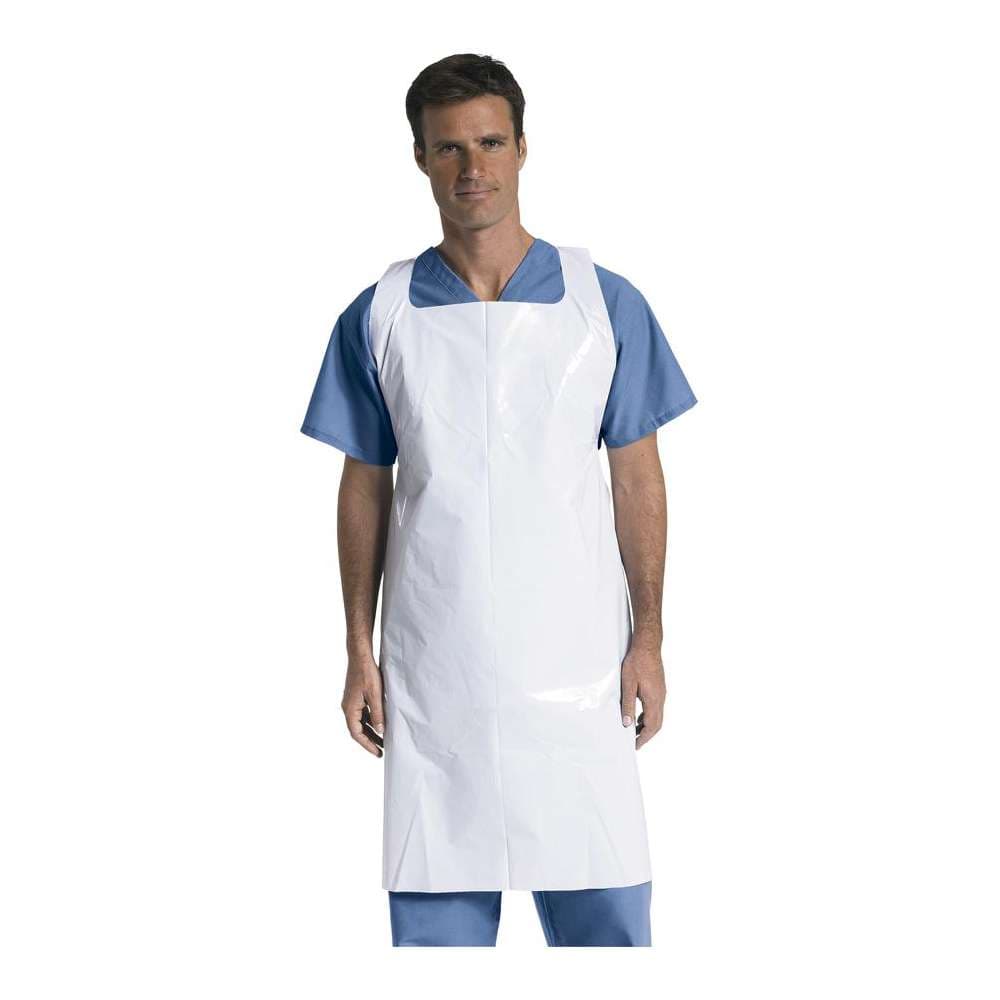 Medline Protective Poly Disposable Apron 28" x 46", White, Medium weight Pullover - Image 2