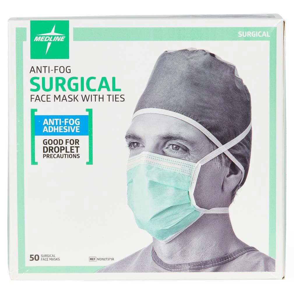 Medline Surgical Face Mask with Ties and Anti-Fog Adhesive Tape, 3 Ply